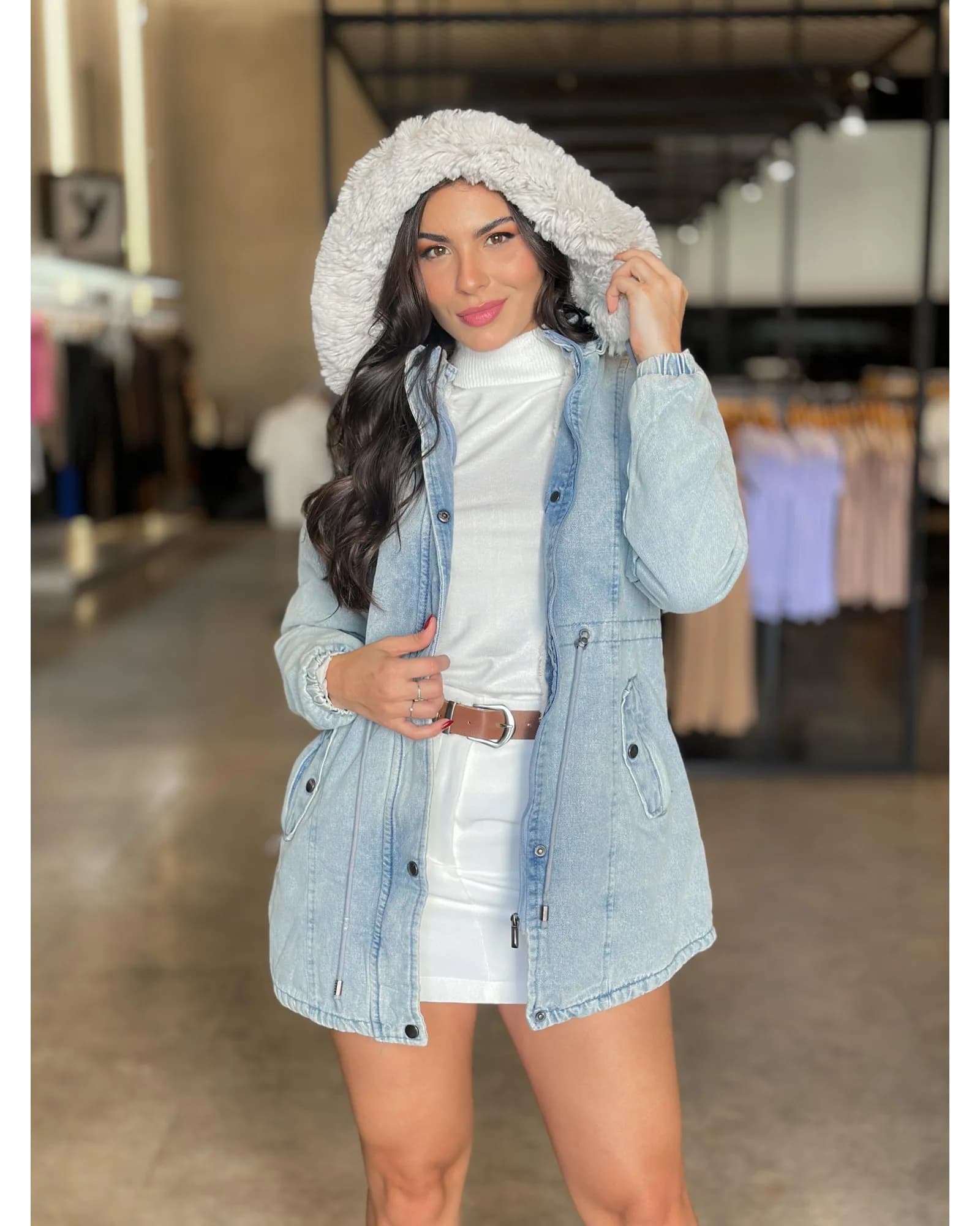 Parka Chic Jeans Lavagem Jeans Escuro